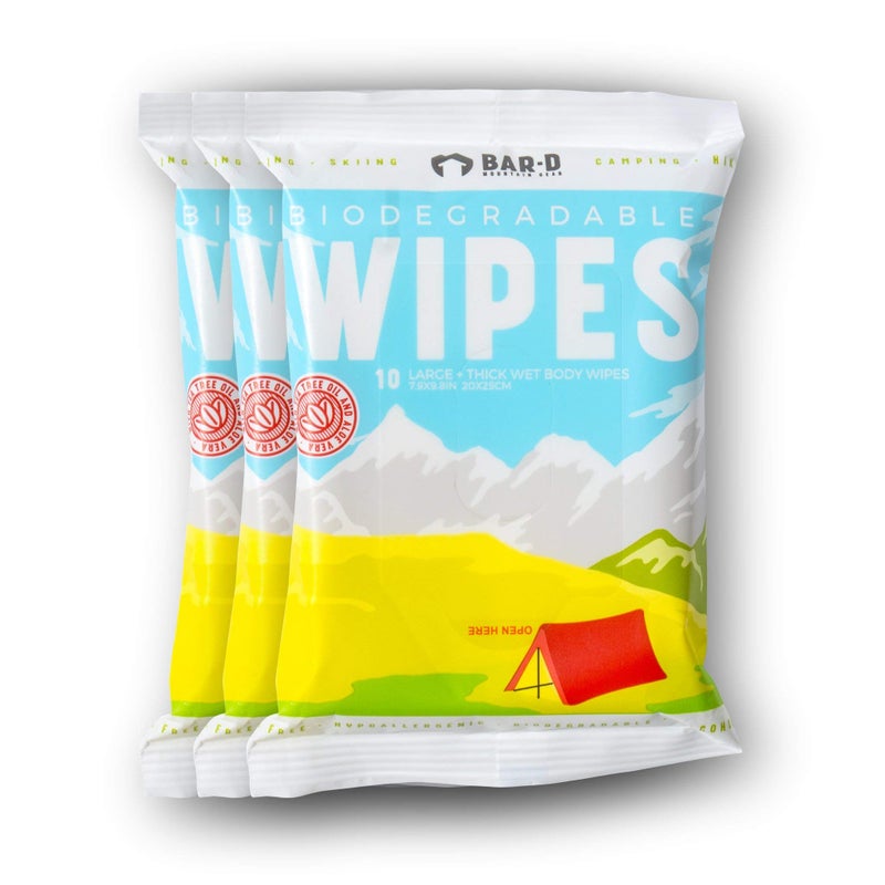 Bar-D Mountain Gear Bar-D Biodegradable Body Wipes with Tea Tree Oil & Aloe Vera - Refreshing Shower Wipes Great for Camping, Hiking, Post Workout and Travel (3-Pack, 10 Wipes/Pack) - Image 1